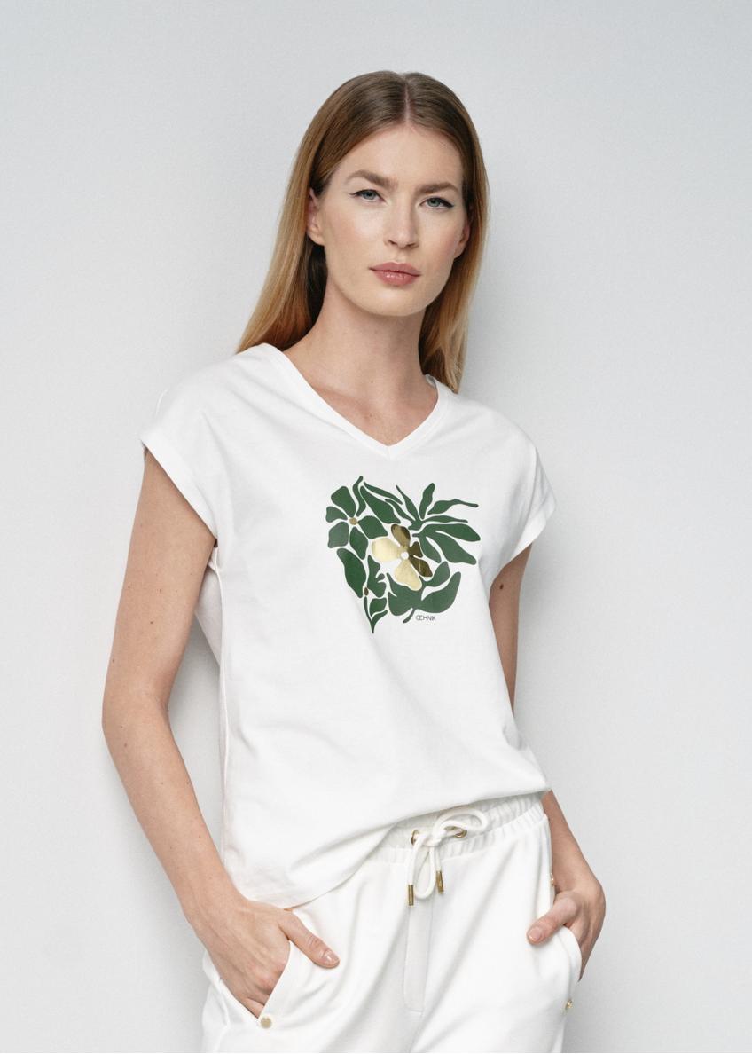 Women's cream T-shirt with floral print TSHDT-0125-12(W24)-01