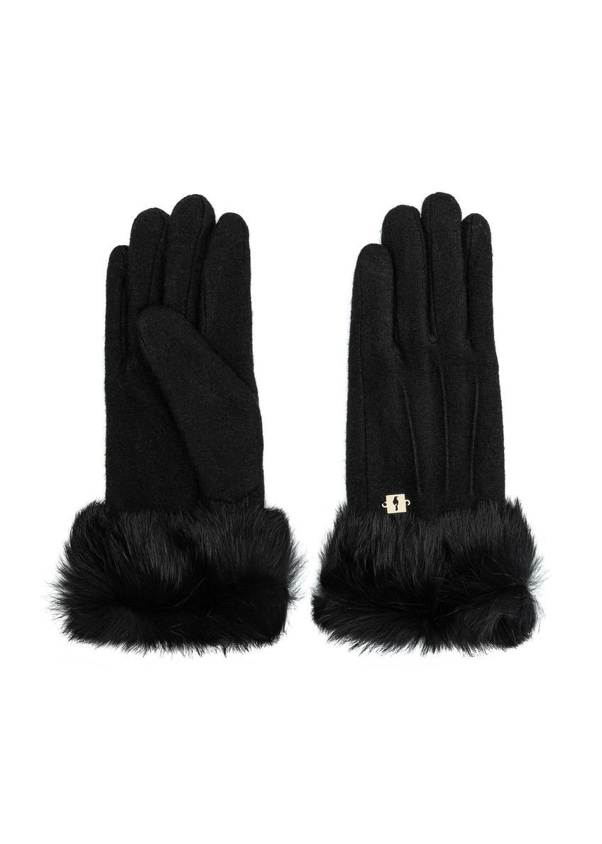 Black women's wool gloves with fur REKDF-0031A-99(Z25)