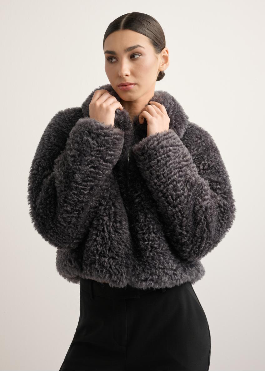 Women's gray short fur coat FUTDP-0082-9D(Z26), front view of the product on the model. Half of the silhouette visible.