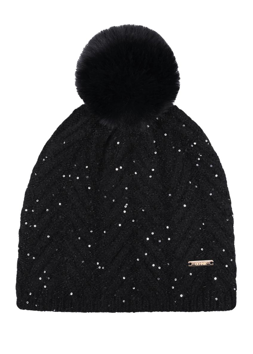 Black women's hat with pompom and sequins CZADT-0220-99(Z26), front product view on a white background.