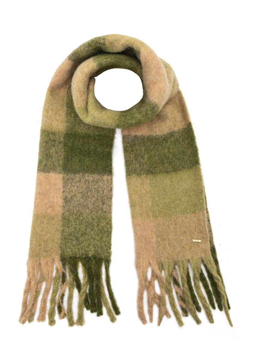 Green women's scarf with wool SZADT-0234-8P(Z26), front product view on white background.
