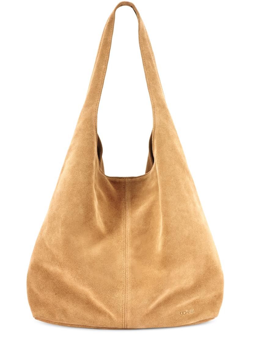Beige suede women's shopper bag TORES-1177-1B(W26), front product view on white background.
