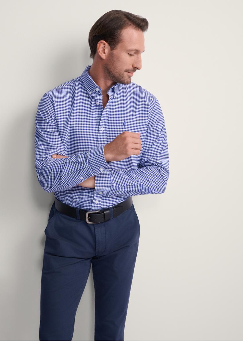 Men's navy blue checkered shirt KOSMT-0345-17(Z25), front view of the product on the model, half of the silhouette visible.