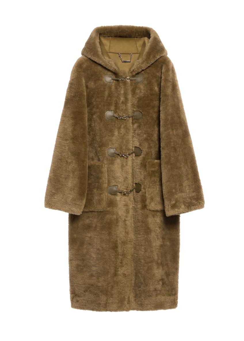 Women's khaki fur coat FUTDP-0070-55(Z25), product view from the front on a white background.