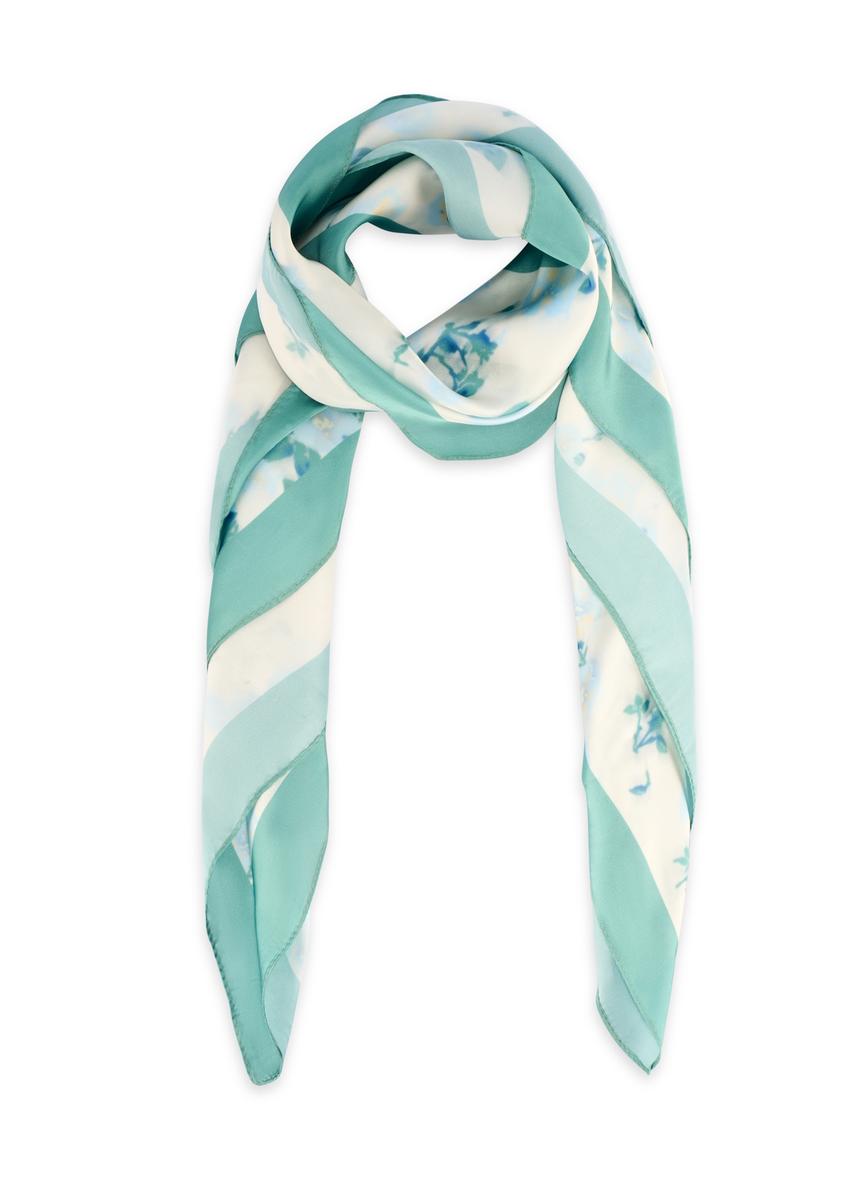 Women's scarf with blue flowers SZADT-0191-7B(W26), front product view on white background.