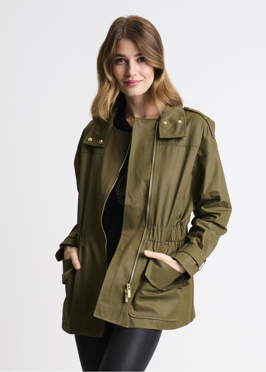 Olive colored women's jacket with a ribbed hem KURDT-0354-57(W22)-01