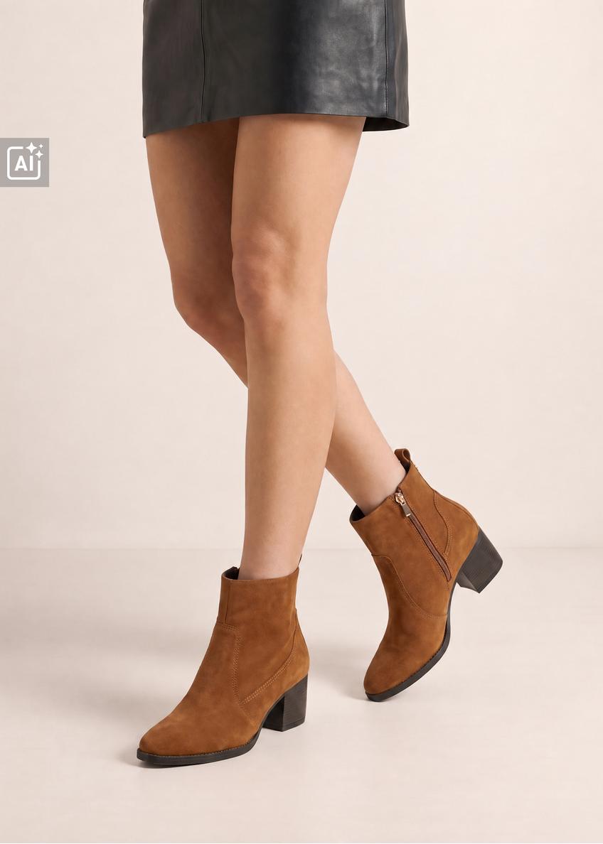 Suede women's ankle boots in cognac color BUTYD-1005A-1F(Z26)