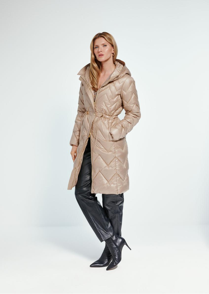 Long beige women's quilted jacket KURDT-0547-81(Z24)-02