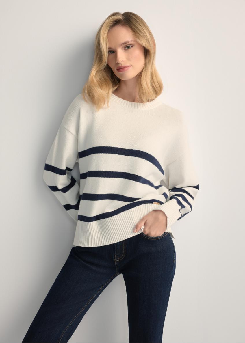 Women's cream striped sweater SWEDT-0258-0B(W26) - front view of the product, on a model, against a light background. Knee-length silhouette visible.