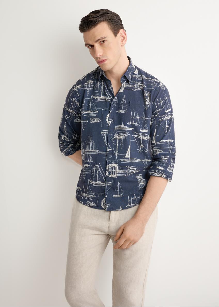 Navy blue linen men's shirt with print KOSMT-0362-7P(W26)