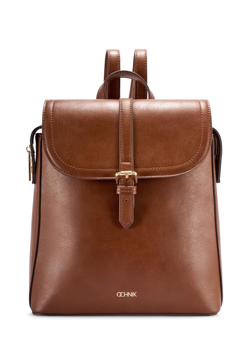 Women's cognac backpack TOREC-1198-1F(W26), front product view on white background.