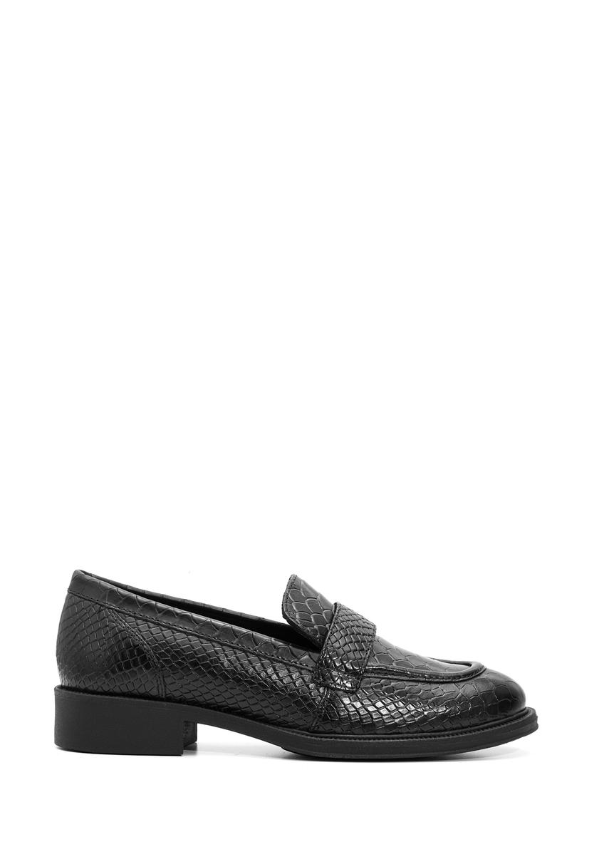 Black leather women's croco moccasins BUTYD-1198-99(Z25), side view of the product on a white background.