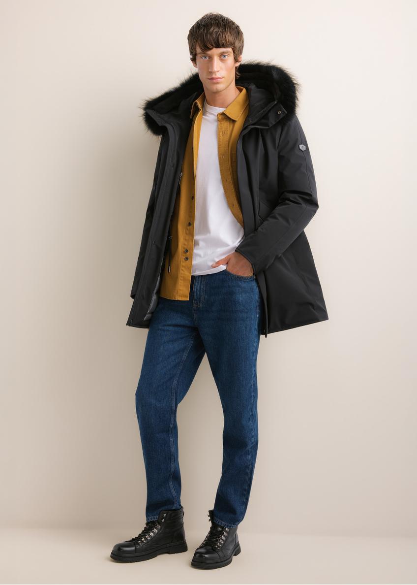 Men's black winter jacket KURMT-0446-99(Z26), front view on a model. Full-body shot.