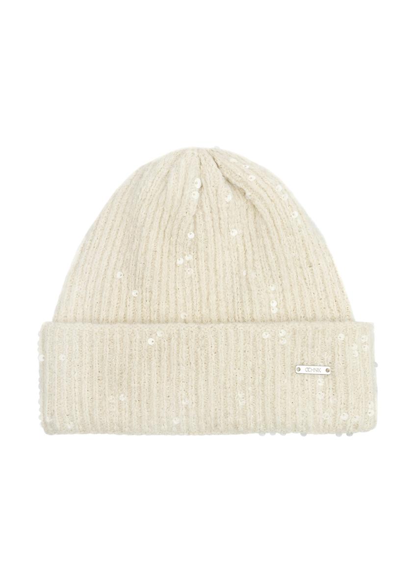 Cream women's hat with sequins CZADT-0203-16(Z25), front product view on a white background.