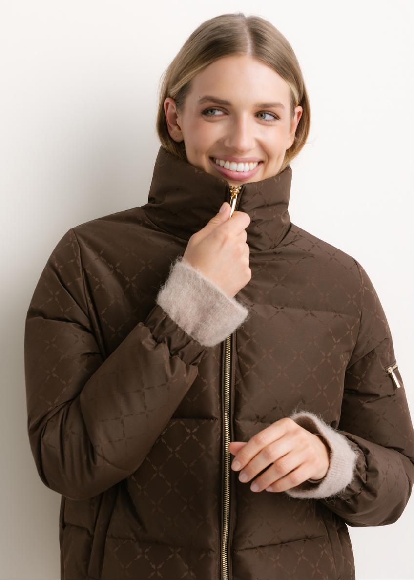 Dark brown women's jacket with a monogram pattern and a stand-up collar KURDT-0694-1I(Z26)