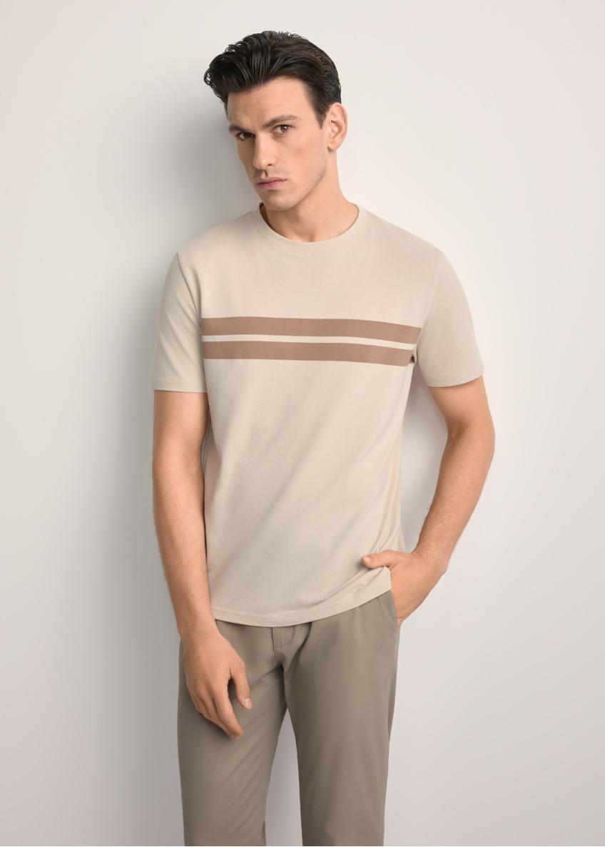 Men's beige cotton t-shirt TSHMT-0129-80(Z25) - front view of the product, on a model, against a white background. Knee-length silhouette visible.