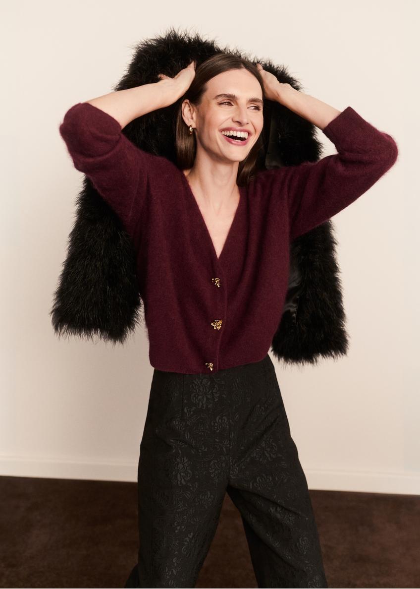 Burgundy woolen women's cardigan KARDT-0064-4D(Z26)