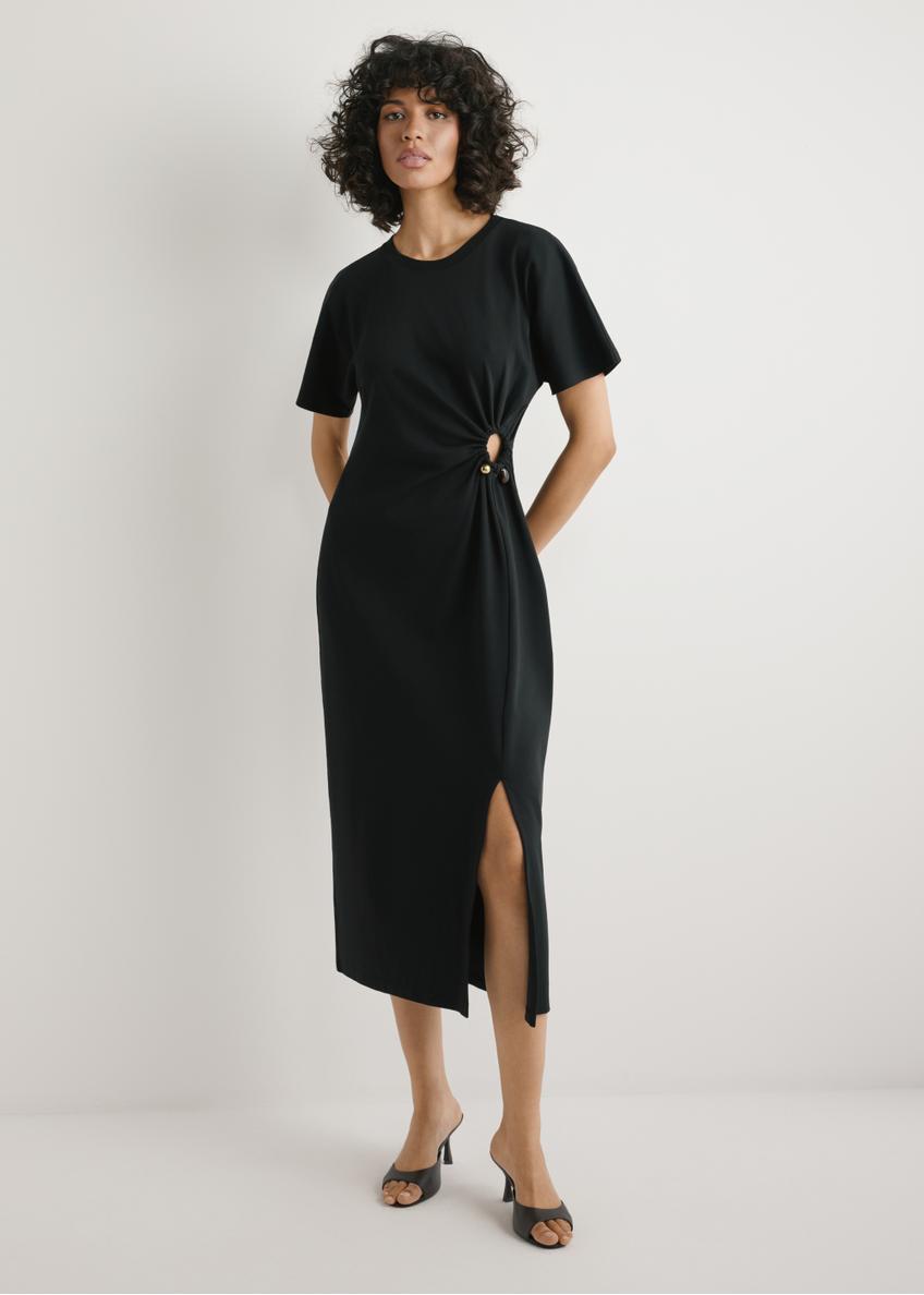 Black cotton midi dress SUKDT-0273-99(W26) - front product view, on white background. The entire silhouette is visible.
