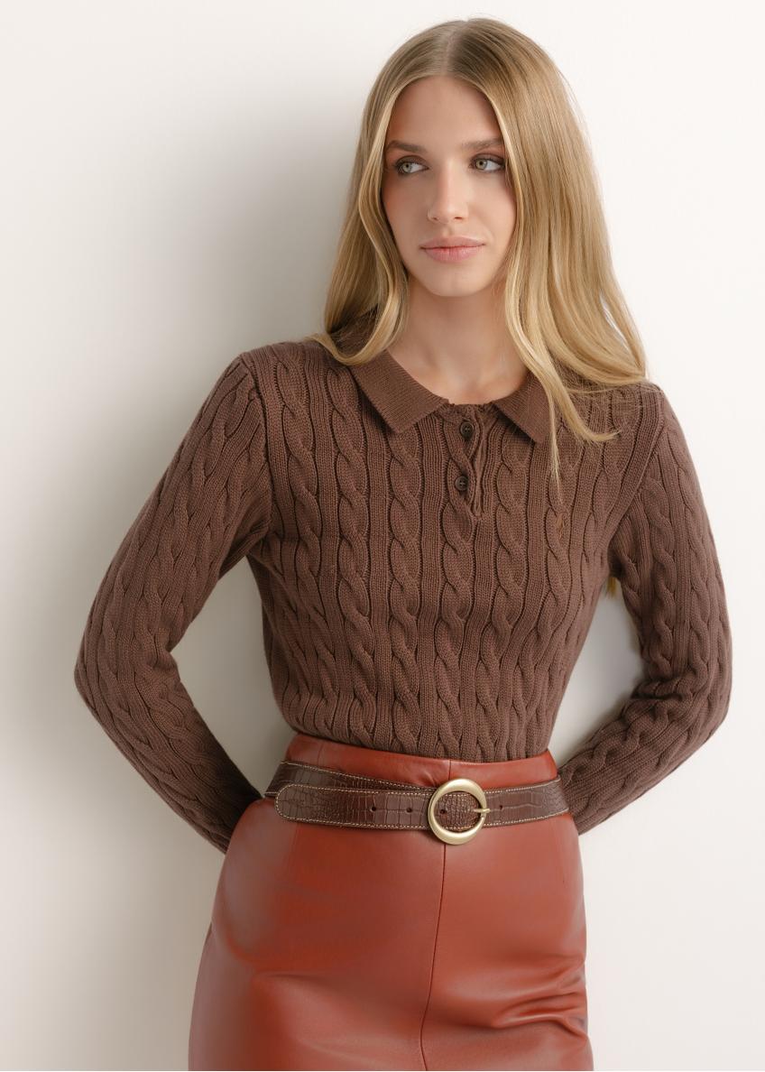 Brown cotton polo sweater for women SWEDT-0281-1H(Z26)