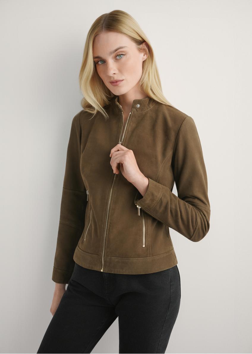 Women's brown leather jacket KURDS-0611-1H(W26), front view of the product on the model. Half of the silhouette visible.