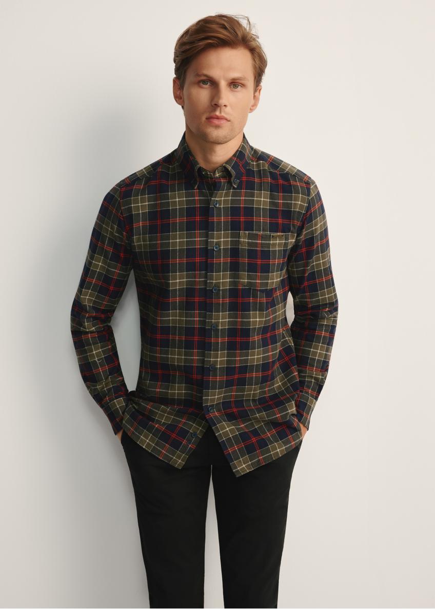 Men's khaki checkered shirt KOSMT-0344-55(Z25), front view of the product on the model, half of the silhouette visible.