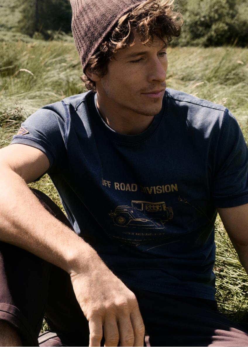 Dark navy blue cotton men's T-shirt with print TSHMT-0162-7E(Z26)