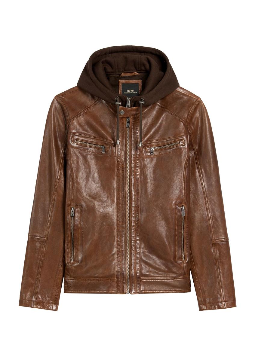 Men's Brown Leather Jacket with Hood KURMS-0385-1F(Z26)