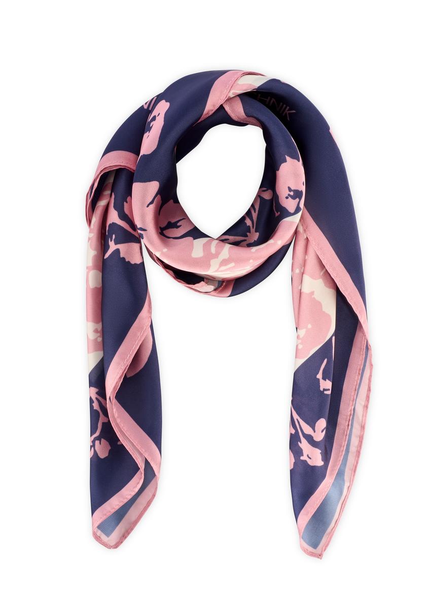 Pink women's scarf with flowers SZADT-0194-5P(W26) - front product view, on a white background.