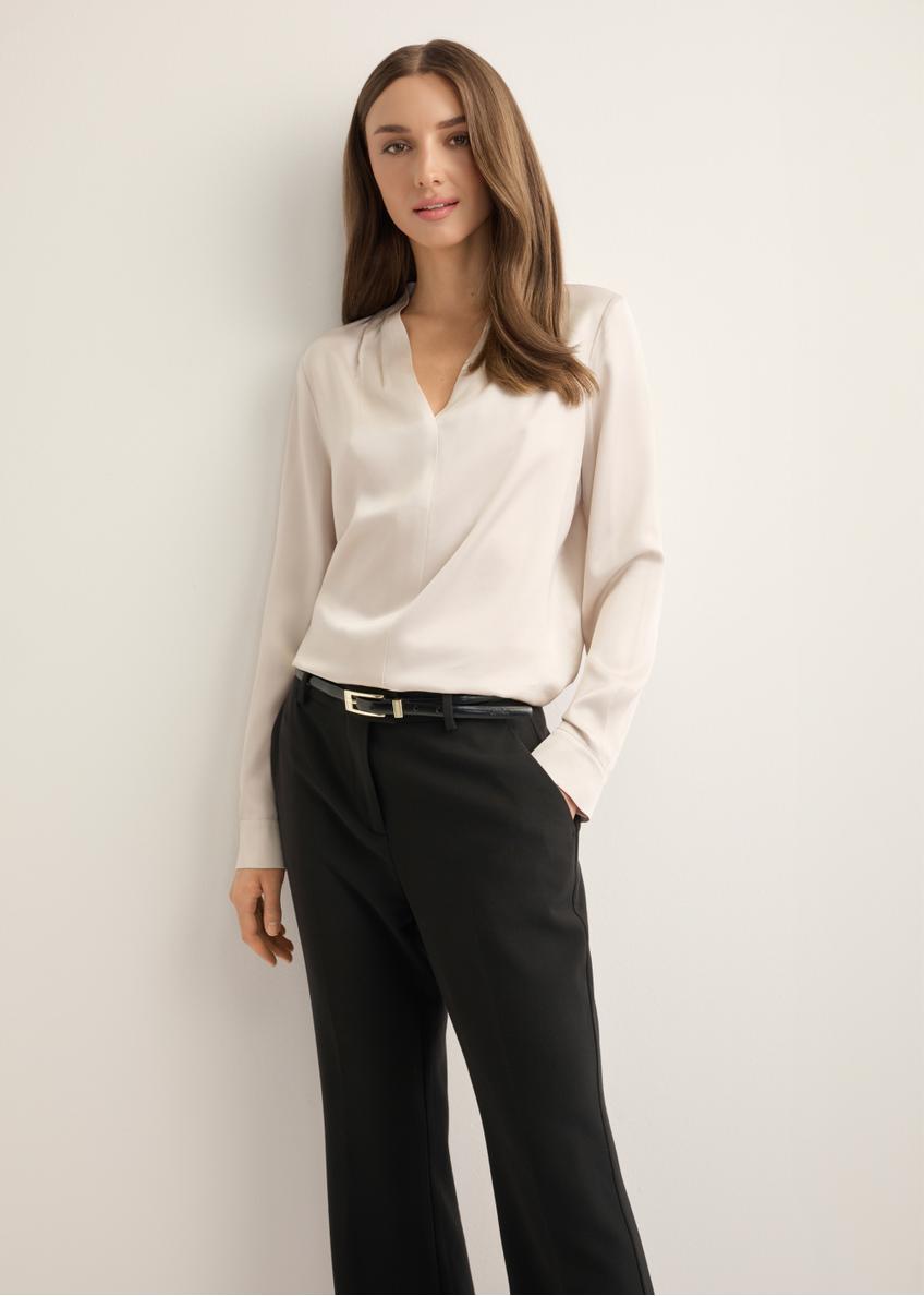 Cream women's viscose blouse BLUDT-0216-1A(Z26), product view from the front on the model, half of the silhouette visible.