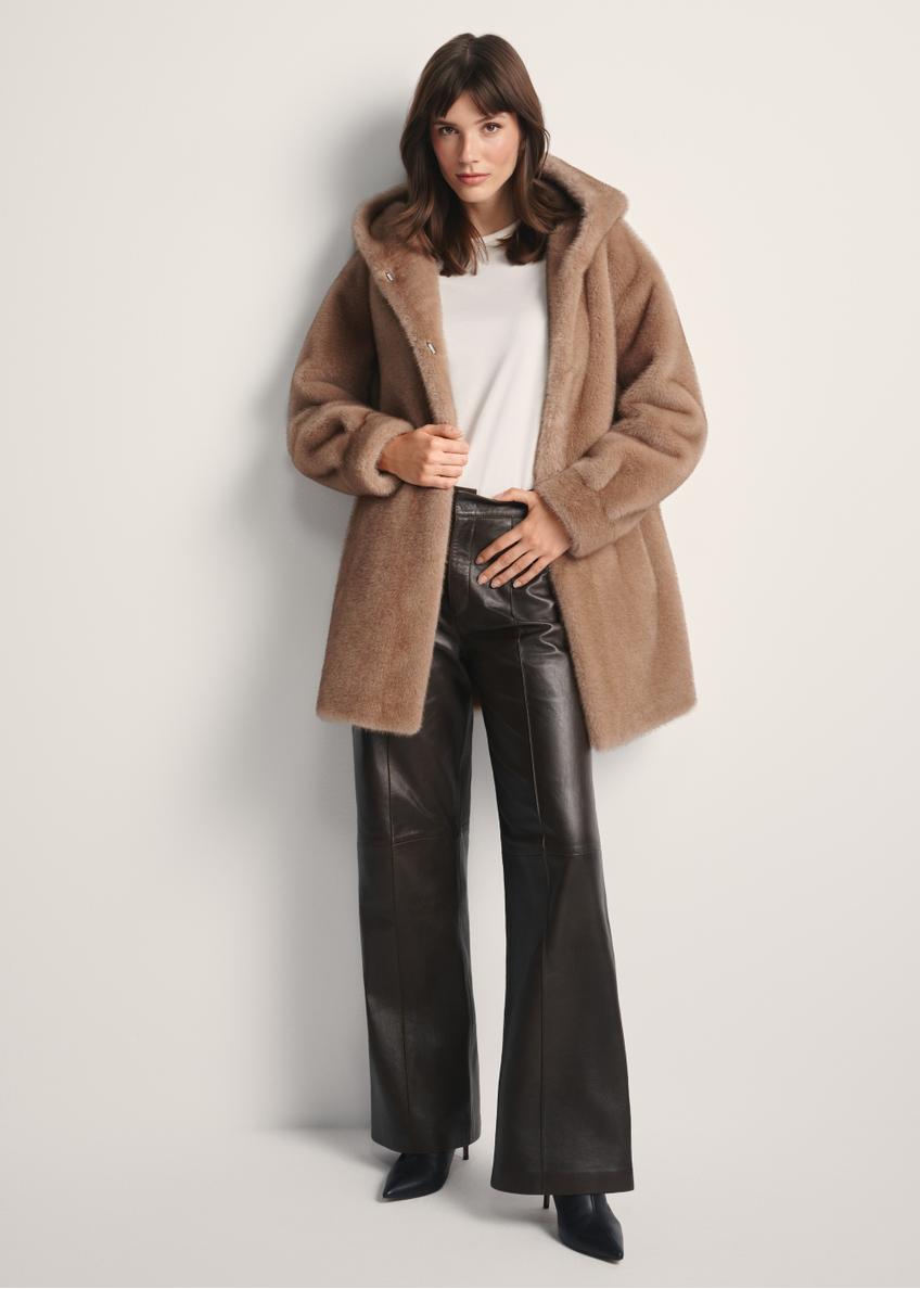 Women's beige fur coat with hood FUTDP-0062-81(Z25), front view of the product on the model. Full body visible.