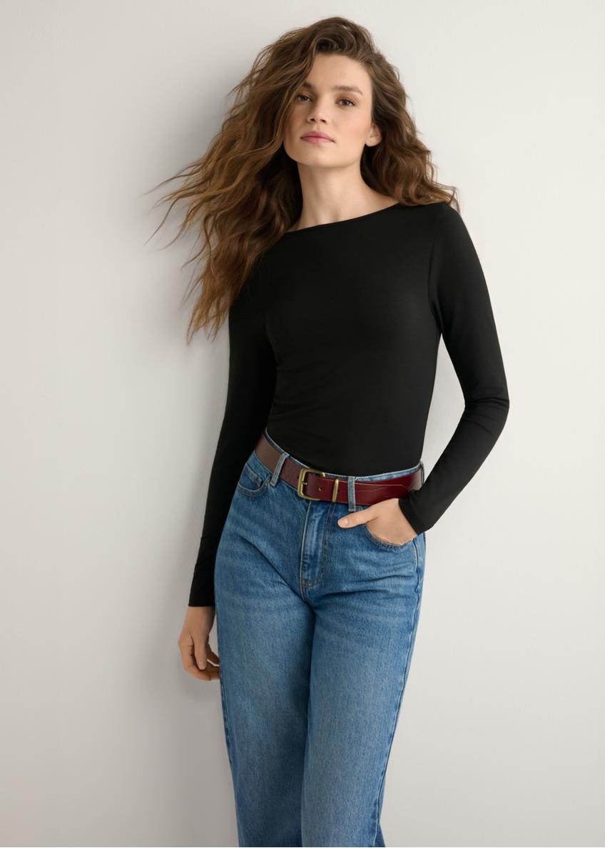 Women's black modal blouse LSLDT-0056-99(W26), front view of the product on the model. Half of the silhouette visible.