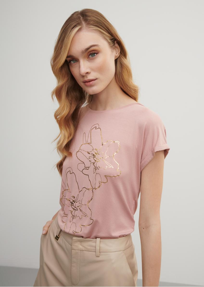 Pink Women's T-shirt with floral print TSHDT-0107-34(W23)-01