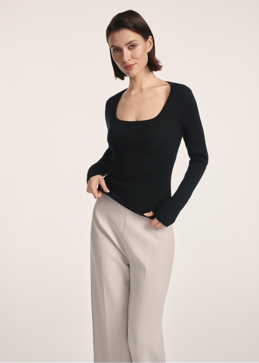Black women's long sleeve blouse LSLDT-0051-99(Z25), front view of the product on the model. Half of the silhouette visible.