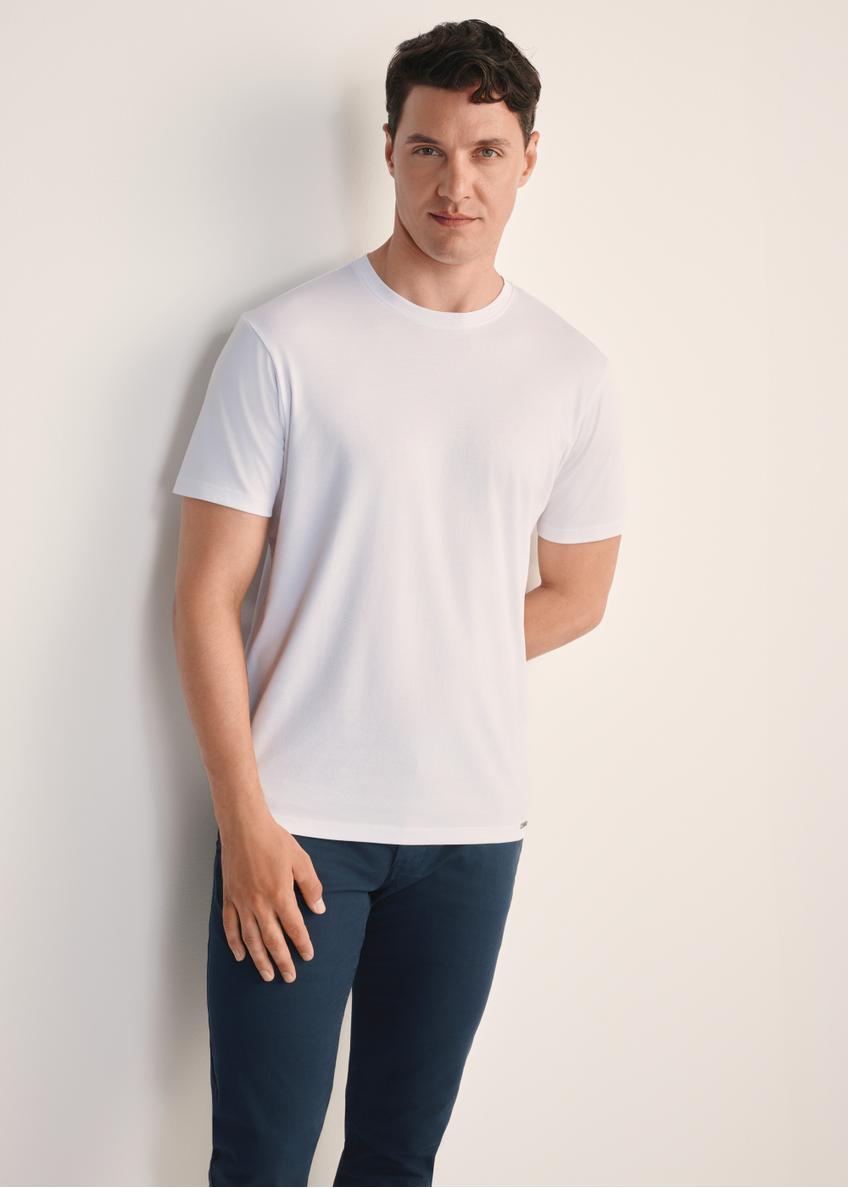 Men's white mercerized cotton T-shirt TSHMT-0135-11(Z25), front view of the product on the model. Half of the silhouette visible.