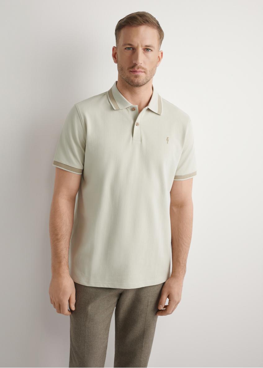 Light beige polo shirt POLMT-0090-1A(W26), front view of the product on the model. Half of the silhouette visible.