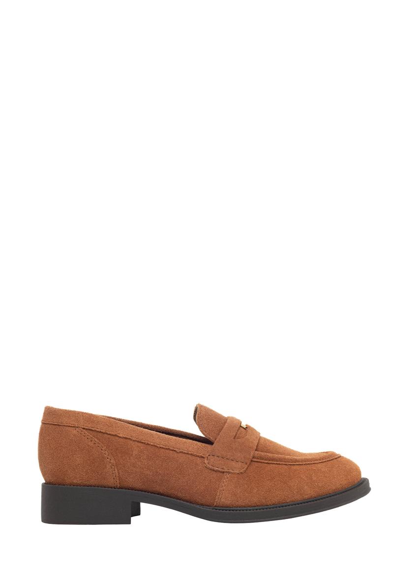 Women's cognac suede moccasins BUTYD-1199-1F(Z26), side product view on white background.
