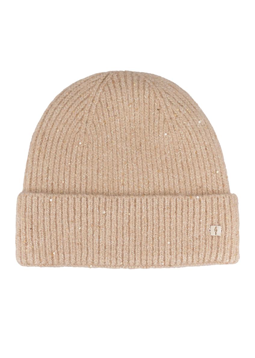 Beige women's hat with shiny thread CZADT-0227-1D(Z26), front product view on white background.