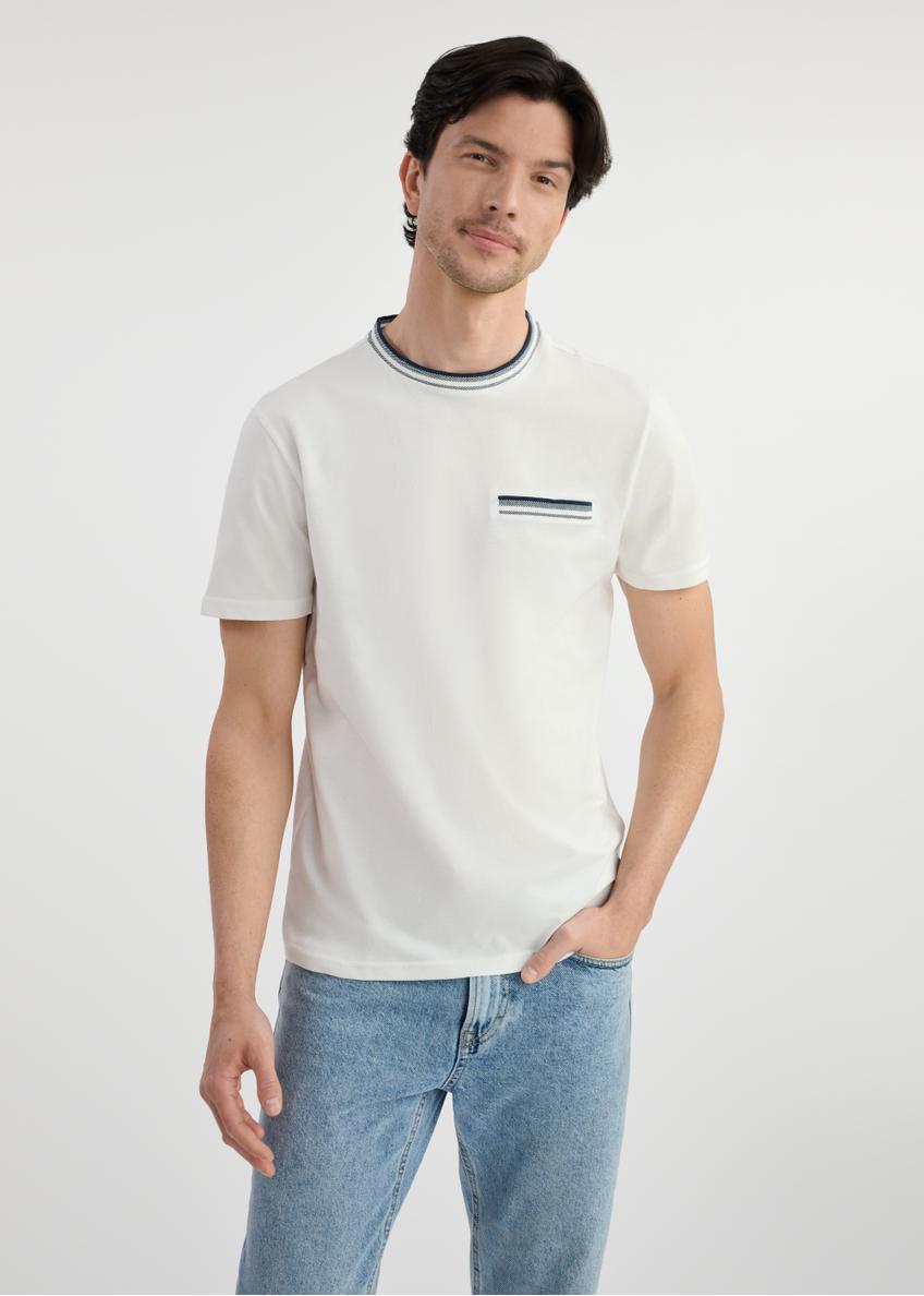 Men's white cotton T-shirt TSHMT-0123-12(W25), front view of the product on the model. Half of the silhouette visible.
