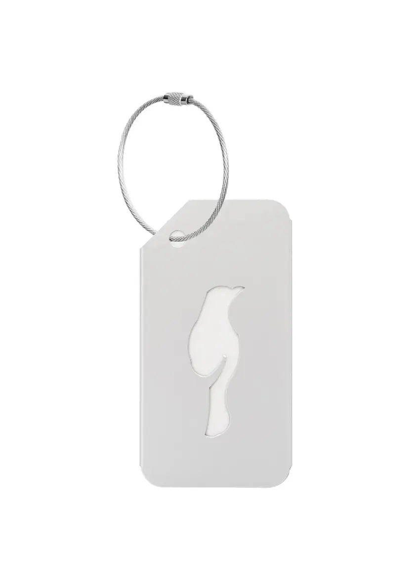 Silver luggage tag AW-012-0003-9A(W26), front product view on white background.