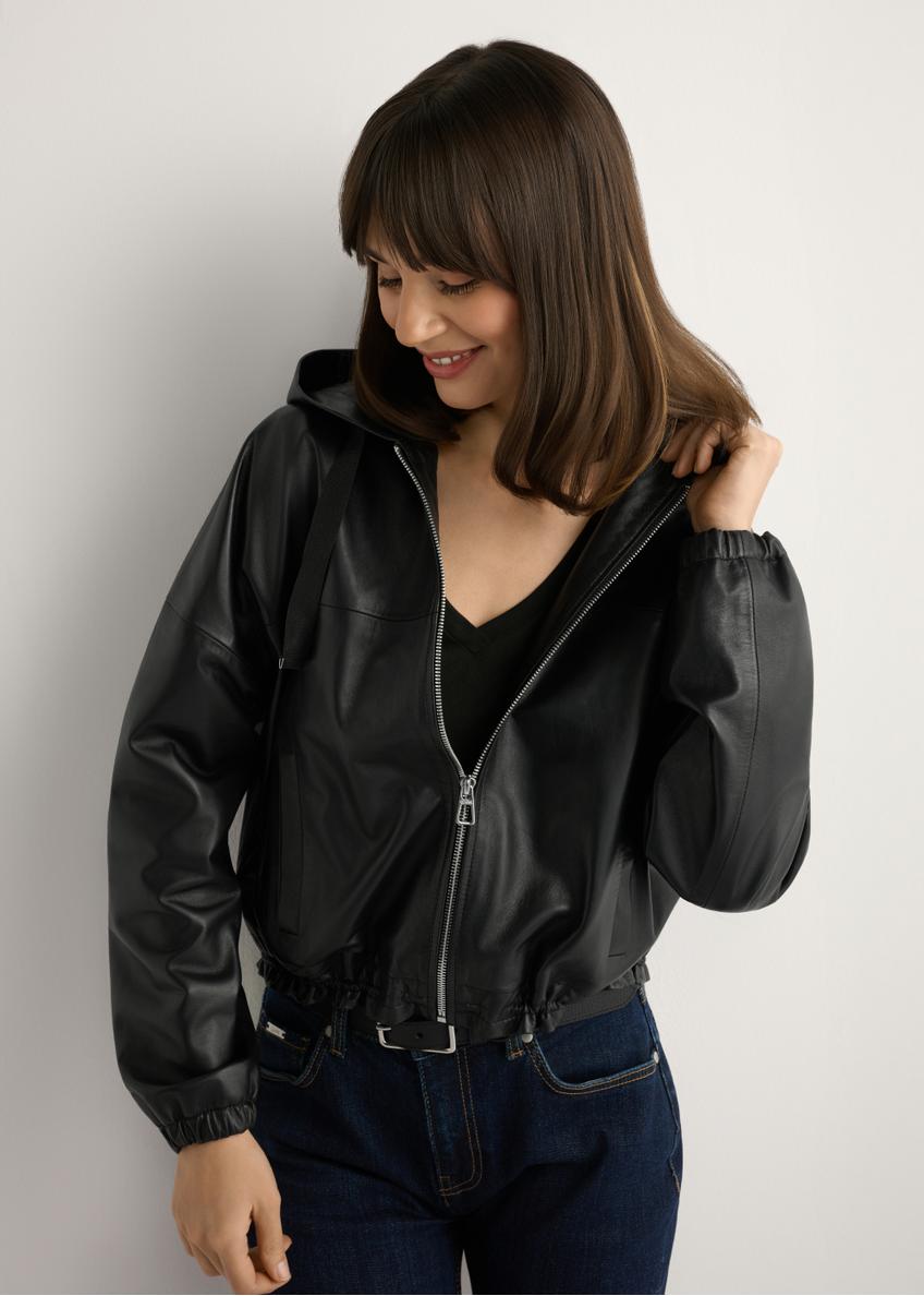 Women's black leather jacket with hood KURDS-0412-99(W26), front view of the product on the model. Half of the silhouette visible.
