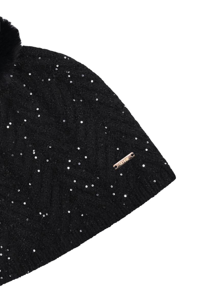 Black women's hat with pompom and sequins CZADT-0220-99(Z26)