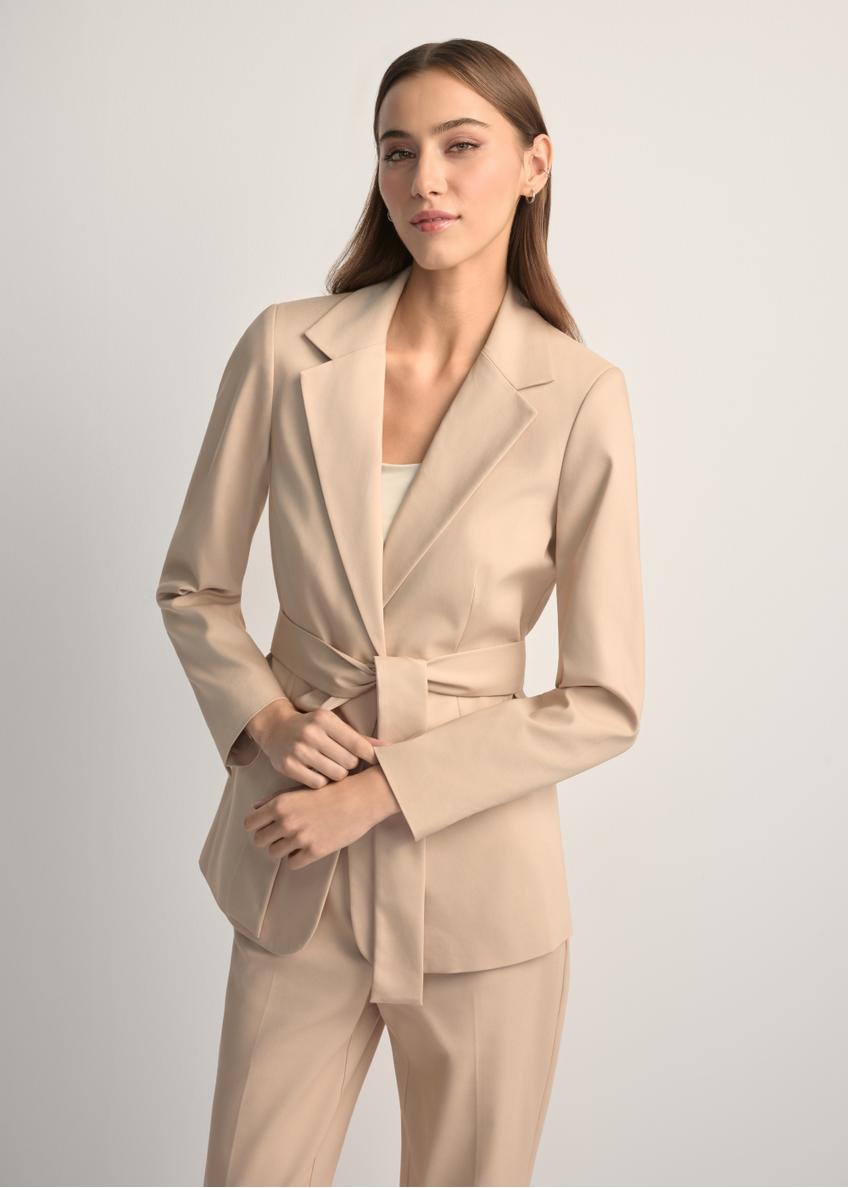 Beige women's belted blazer ZAKDT-0030-1B(W26), front view of the product on the model. Half of the silhouette visible.