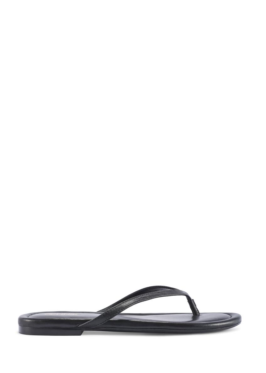 Women's leather flip-flops in black BUTYD-1271-99(W26), side view of the product on a white background.