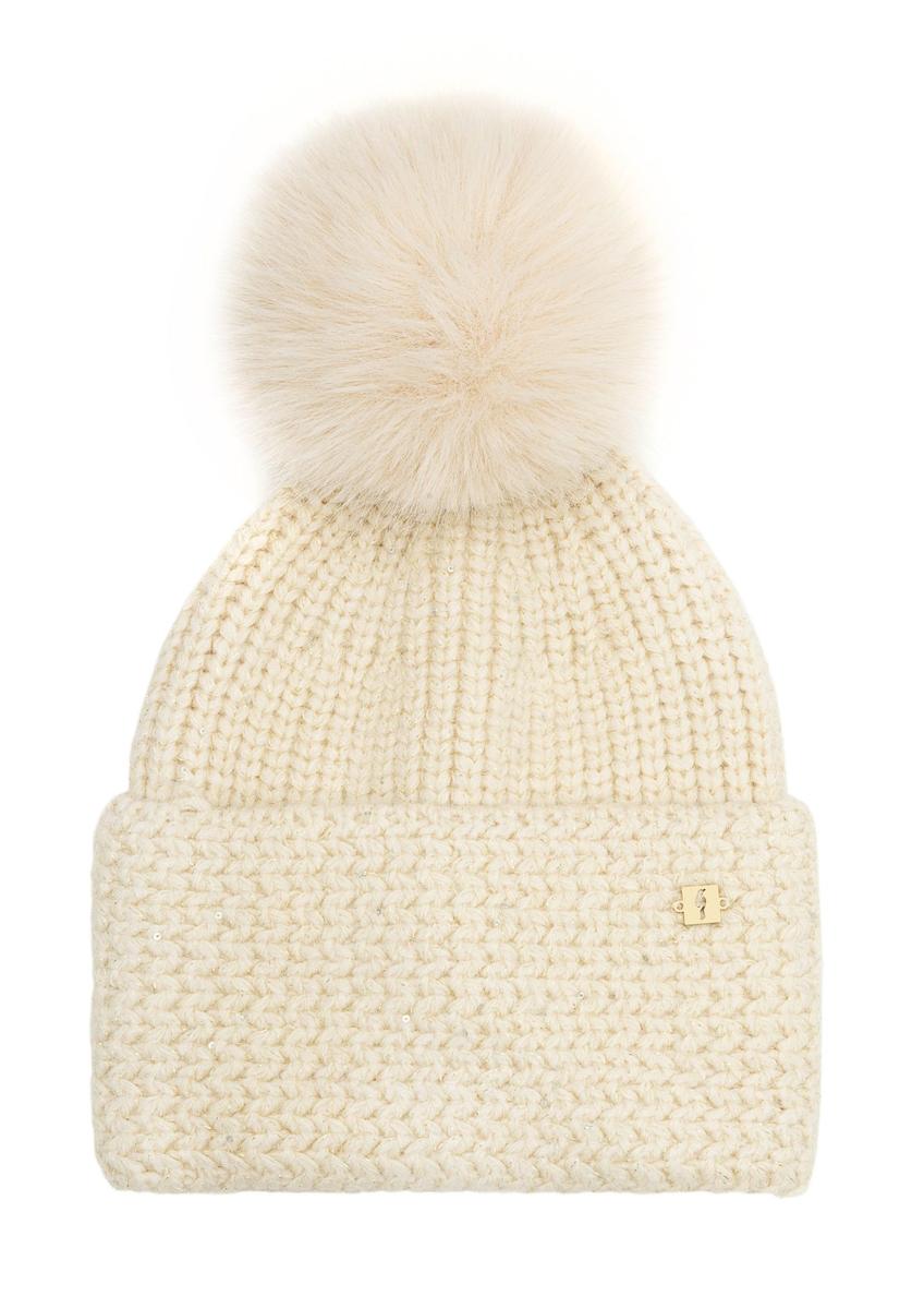 Beige women's hat with pompom CZADT-0217-81(Z25), front product view on white background.