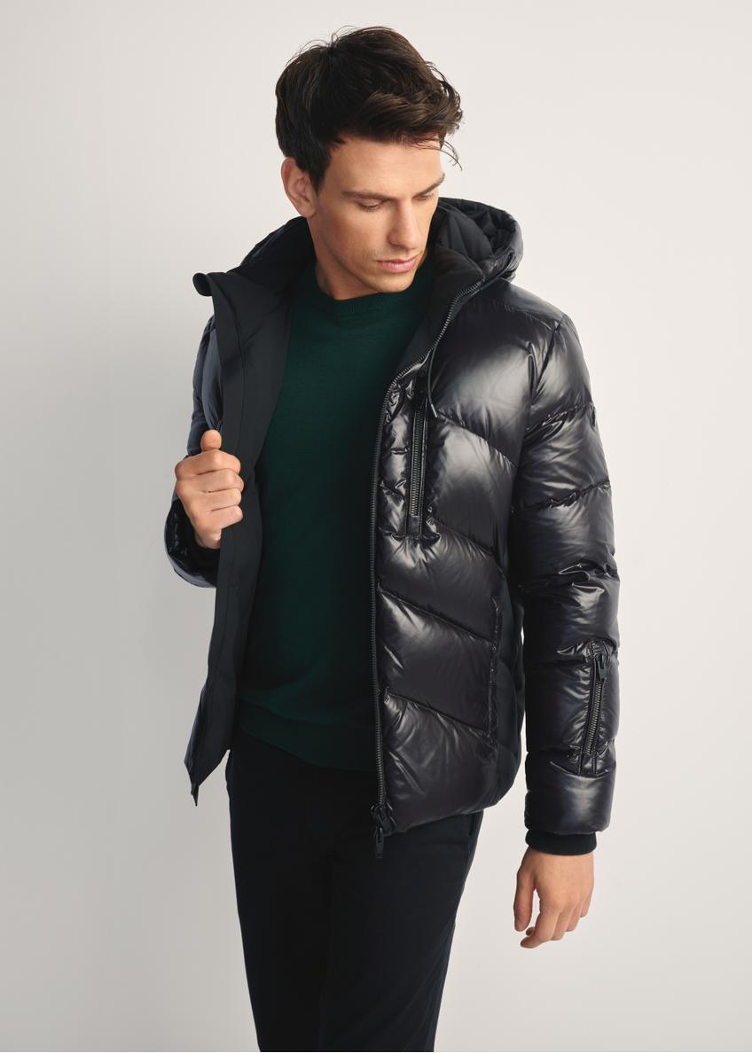 Men's black jacket with natural insulation KURMT-0393-99(Z25) - front view of the product on a model, against a white background. Knee-length silhouette visible.