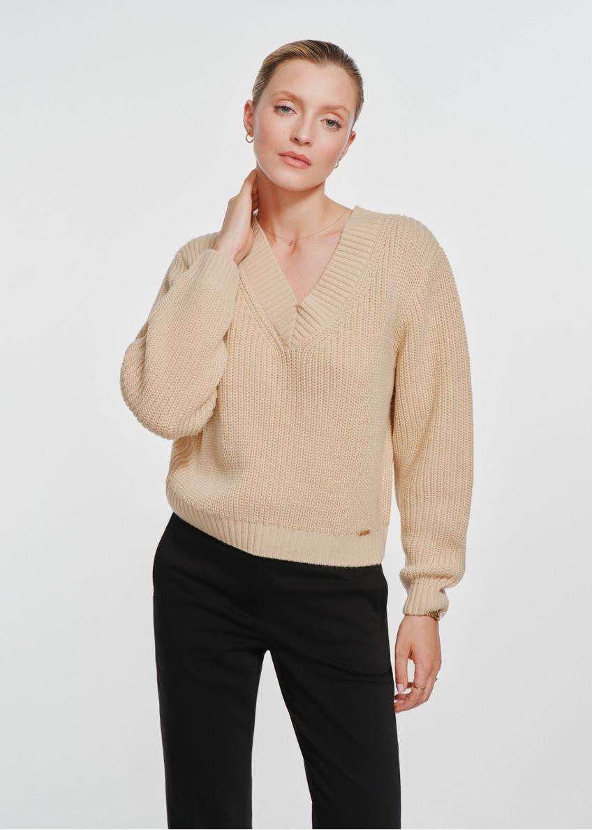 Women's beige V-neck sweater SWEDT-0162-82(Z24)-01