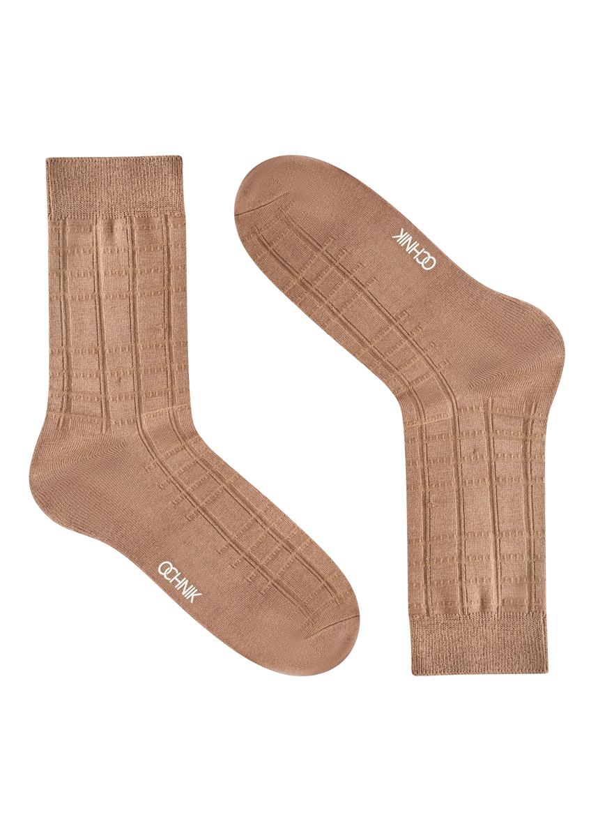 Dark beige men's long socks SKAMT-0201-1C(W26), side view of the product on a white background.