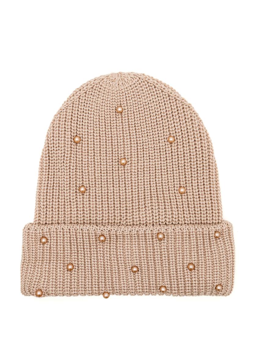 Beige women's hat with pearls CZADT-0202-24(Z25), front product view on white background.