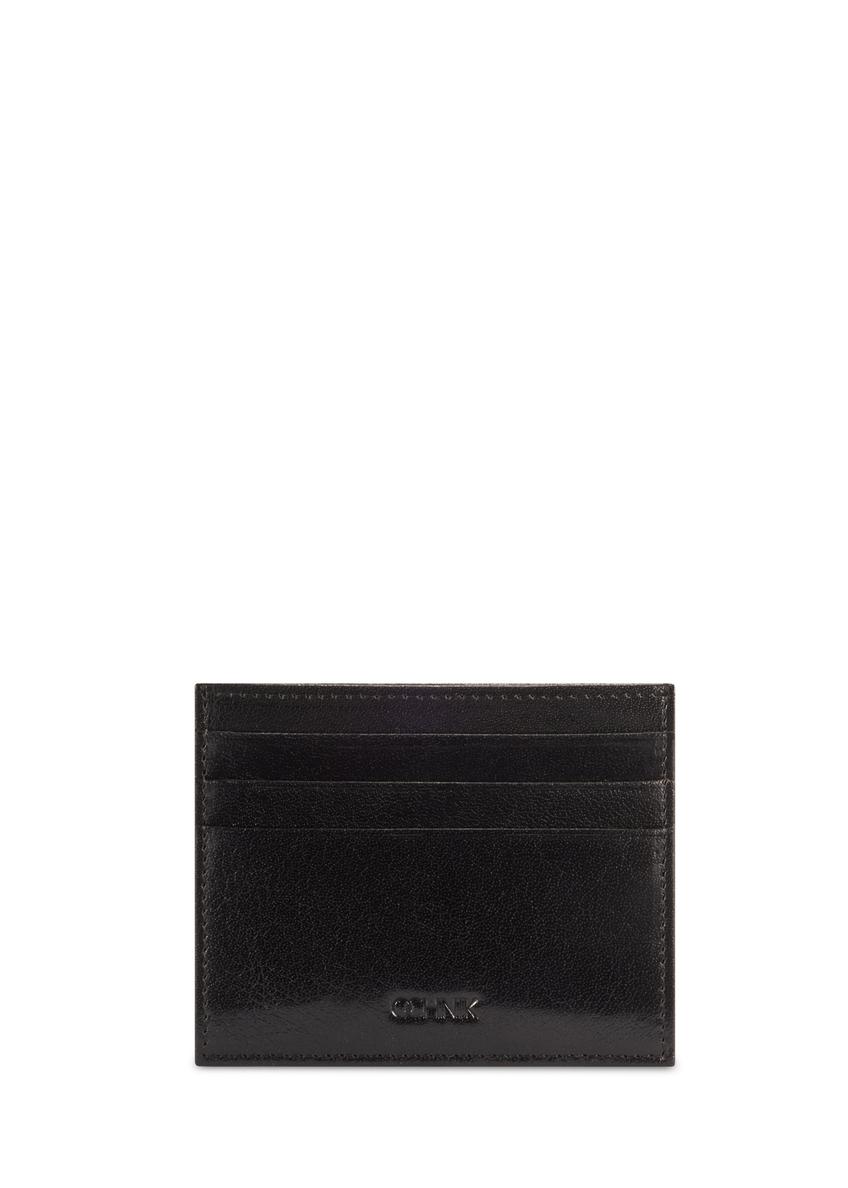 Black leather card case PORMS-0679-99(W26), front product view on white background.