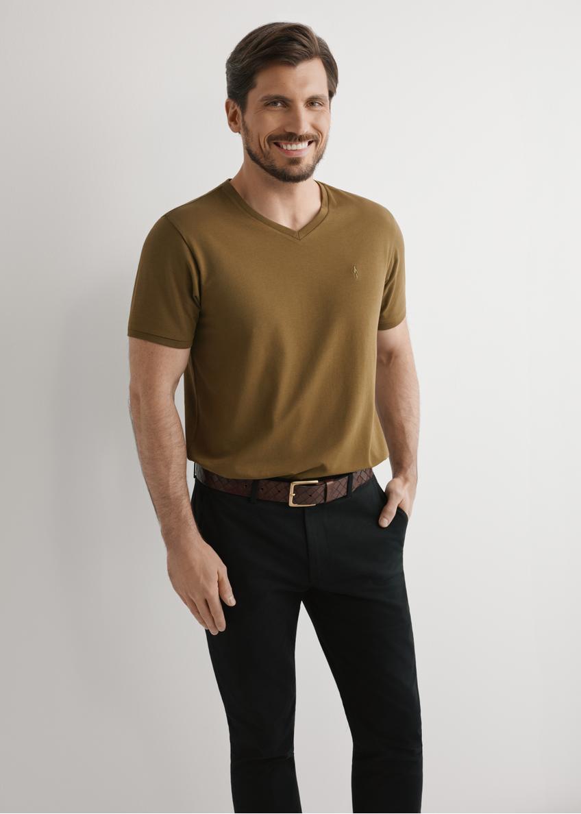 Men's khaki cotton T-shirt TSHMT-0088-8D(W26), front view of the product on the model. Half of the silhouette visible.